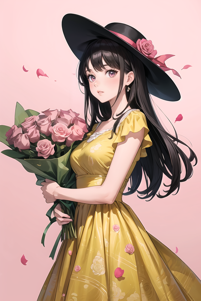 407856-1458127341-masterpiece, best quality, A woman in a yellow dress and hat, holding pink roses against a pink background with intricate patter.png